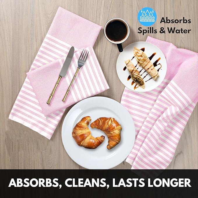 Pink Stripe Cloth Napkins 4 Pack, 18x18 Inches, 100% Cotton, Machine Washable Table Linen, Durable, Reusable Fabric for Everyday Meals, Farmhouse, Spring Easter Dining, Baby Pink