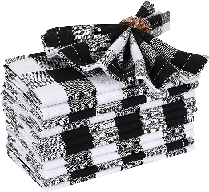 Gingham Check Cloth Dinner Napkin Set of 12 Black White 16x16 Inches, Premium Cotton Everyday Dinning Table Napkins Ideal for Wedding, Spring, Easter | Washable Checkered Soft Fabric for BBQ Events