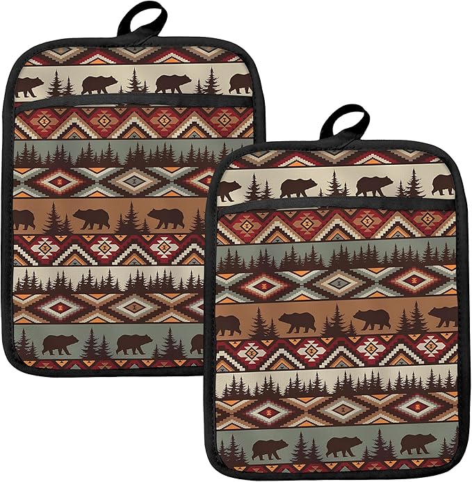 Western Aztec Bear Oven Mitts Set, Camping Camper RV Gifts, Aztec Native Tribal Heat Resistant Kitchen Oven Gloves for Baking and Cooking,Pot Holders