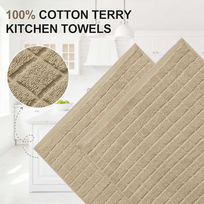 Homaxy Premium Cotton Kitchen Towels 16"x 28", Large Natural Ring Spun 390 GSM Dish Towels, Super Absorbent Terry Kitchen Hand Towels, Soft Tea Towels with Hanging Loop, Pure Tan Design, 6 Pack