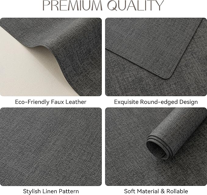 Romanstile Vinyl Placemats Set of 8-12 X 17 Inch - Faux Leather 100% Waterproof Oil-Proof Wipeable Place Mats, Heat Resistant Reversible PU Table Mats for Kitchen Dining Party Outdoor, Charcoal