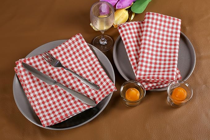 Native Fab Red Gingham Mini Check Cloth Dinner Napkins - 16x16 inches, Set of 12, Soft, Absorbent, Cotton Napkins - Reusable Fabric Napkins for Everyday Use, Lunch, Wedding, Gift, Christmas - Red