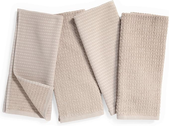 Thyme and Sage 100% Cotton Premium Turkish Kitchen Hand Towel Set, 16"x26", Ultra Absorbent, 350 GSM, Flax, Pack of 4