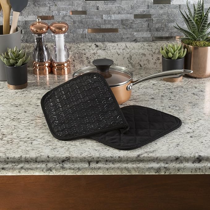 Pot Holder Set With Silicone Grip, Quilted And Heat Resistant (Set of 2) By Lavish Home (Black)