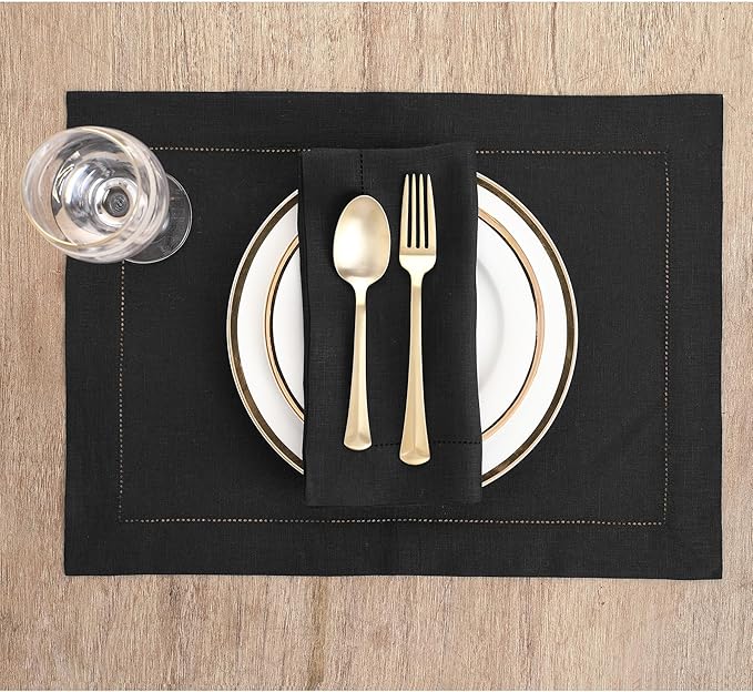Solino Home Linen Placemats Set of 4 - Classic Hemstitch Black Placemats 14 x 19 Inch - 100% Pure Linen Table Mats for Spring, Summer, Mothers Day