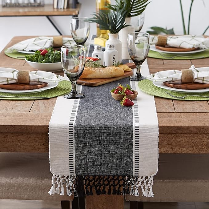 DII Dobby Stripe Woven Table Runner, 13x72 (13x77.5, Fringe Included), Black