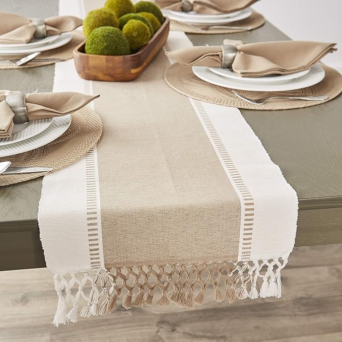 DII Dobby Stripe Woven Table Runner, 13x108 (13x113.5, Fringe Included), Stone