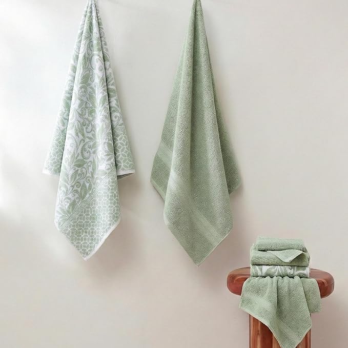 Modern Threads Botanical Vine 6-Piece 100% Cotton Towel Set – Reversible Yarn Dyed Jacquard – Includes 2 Bath Towels, 2 Hand Towels, 2 Washcloths – Absorbent, Quick Dry, Soft & Durable – Sage Green