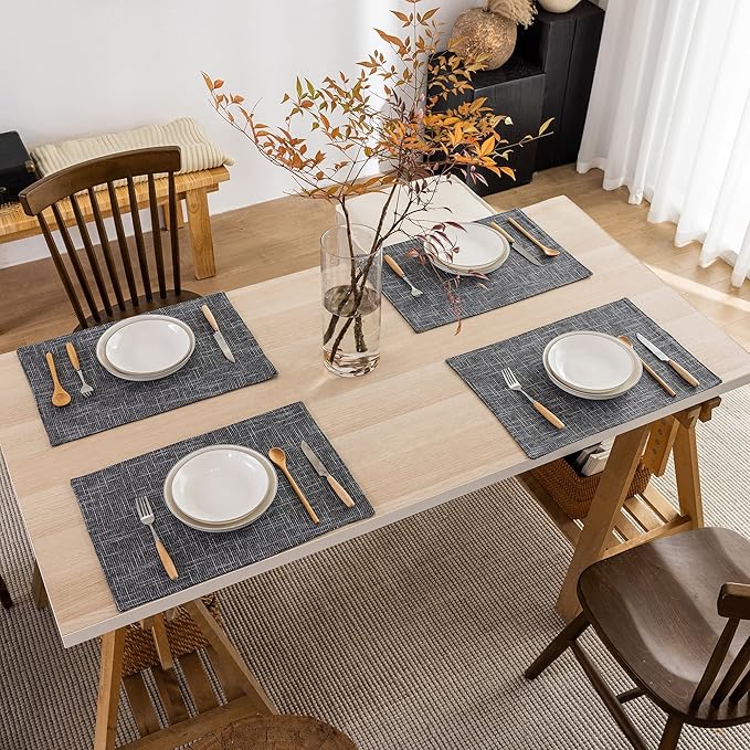 Kevin Textile Burlap Linen Placemats Set of 6 Heat Resistant Dining Table Place Mats Washable Kitchen Table Mats for Dinning Party Holiday Indoor Outdoor, 13 x19 inches, Dark Grey