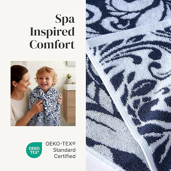 Modern Threads Botanical Vine 6-Piece 100% Cotton Towel Set – Reversible Yarn Dyed Jacquard – Includes 2 Bath Towels, 2 Hand Towels, 2 Washcloths – Absorbent, Quick Dry, Soft & Durable – Navy
