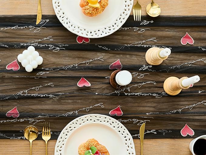 YATOJUZI Black Table Runner Red Heart Embroidery Valentine's Day Decorations Black Tulle Dining Table Runners for Home Kitchen Decor Anniversary Wedding Party