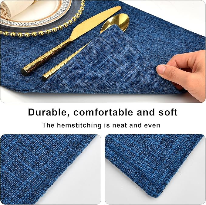 SLKQG Navy Linen Fabric Placemats Set of 8, Heat Resistant & Machine Washable Double-Layered Cloth Placemats for Dining Table, Indoor/Outdoor Use, Non-Slip Kitchen Table Mats (8, Navy)