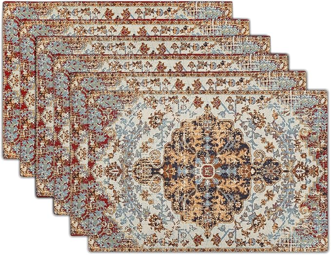 aportt Ethnic Boho Placemats Set of 6 Southwest Brown Blue Carpet Woven Texture Linen Washable Kitchen Dining Table Mats Stain Heat-Resistant Desktop Decor Place Mats for Home Party Indoor 12x18 in