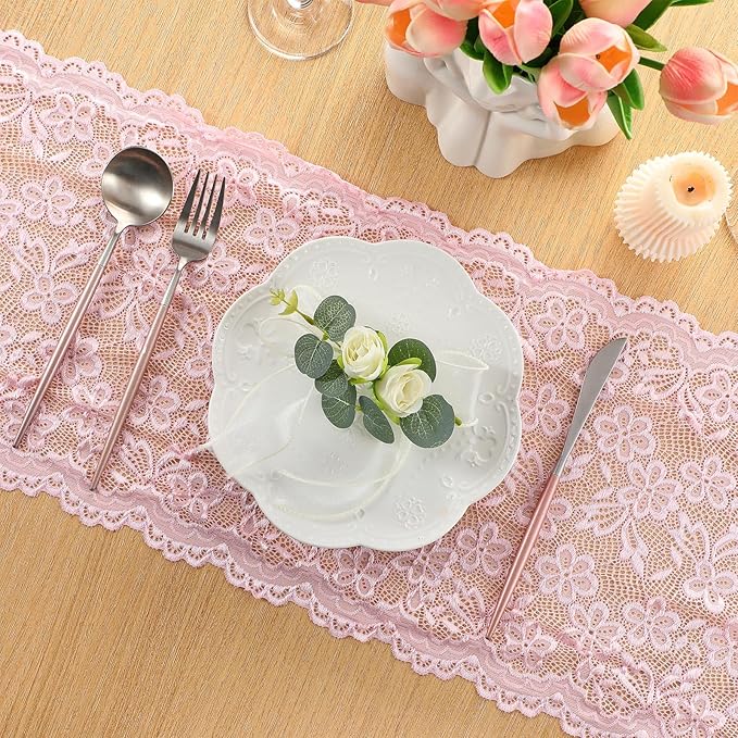 Pink Lace Table Runner with Big Bow Ends 12 x 71 Inch Vintage Rectangle Macrame Embroidered Runner French Style Tablecloth for Wedding Kitchen Dining Table Home Decor