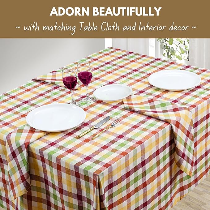 Native Fab Multi Color Check Cloth Napkins - Set of 4, 100% Cotton, 16x16 inch, Soft, Absorbent, Washable & Reusable Table Napkins for Dinner, Holiday, Farmhouse, Gift - Burgundy, Yellow, Rust, Green