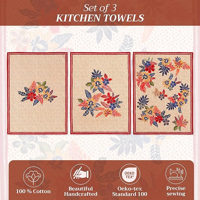 Maison d' Hermine Kitchen Towels Set of 3 100% Cotton 20" x 27.5" Reusable Cloth Tea Dish Towels Absorbent with Hanging Loop for Kitchen Dining Thanksgiving Christmas Decorations (Kalahari)