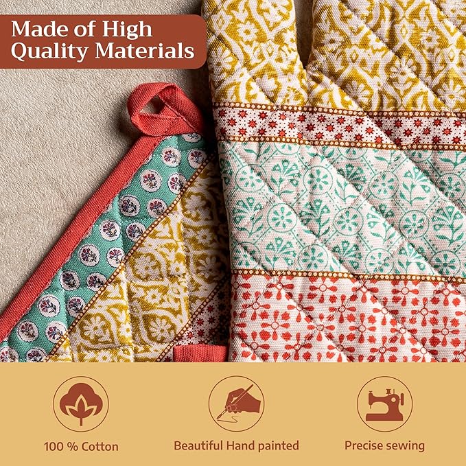 Maison d' Hermine 100% Cotton Oven Mitt & Pot Holder Set (7.5"x13" & 8"x8") Heat Resistant BBQ Cooking Gloves with Loop Baking Grilling Kitchen Gifts for Mothers Day Spring/Summer (Provence)