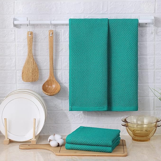 Kitinjoy 100% Cotton Waffle Weave Kitchen Hand Towels (13 x 28 Inches, Teal), 4-Pack Super Soft and Absorbent Dish Towels for Drying Dishes