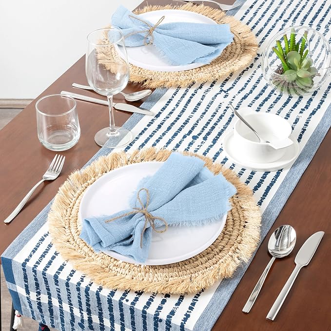 TURSTIN 24 Pieces Cotton Linen Cloth Napkin Handmade Cloth Napkin with Fringe 17 x 17 Inch Soft Cloth Dinner Wedding Napkin Square Rustic Fringe Table Napkin for Dinners, Parties, Weddings, Light Blue