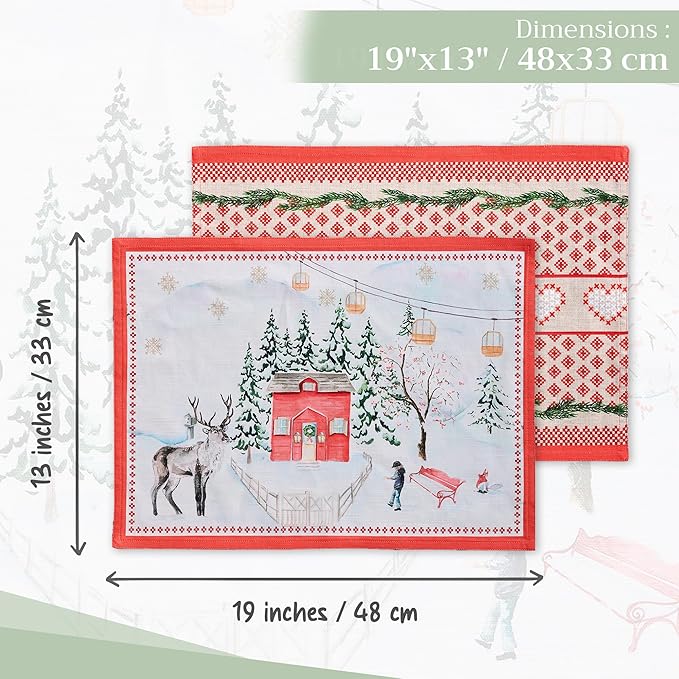 Maison d' Hermine Placemats Set of 4 100% Cotton Washable Cloth Place Mats, Reusable Table Mats for Thanksgiving Christmas Decorations Kitchen Dining Party Wedding (Rural Christmas, 13" x 19")