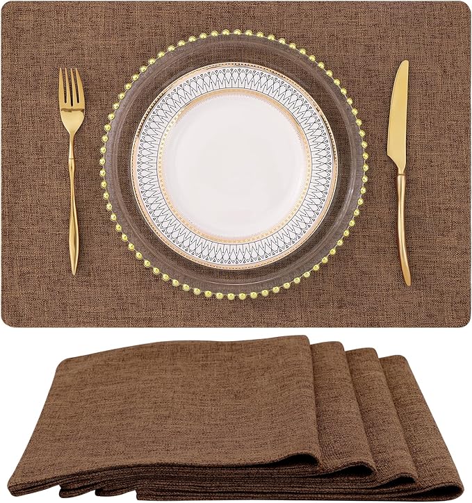 homing Cotton Linen Placemats Set of 4, Cloth Washable Farmhouse Dining Table Mats for Indoors & Outdoors, Easy to Clean, Brown, 13 x 19 Inch