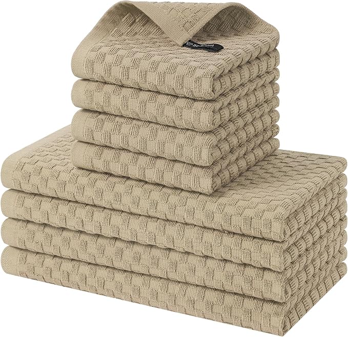 Homaxy 100% Cotton Kitchen Towels and Dishcloths Set, 12 x 12 & 15 x 25 Inches, Set of 8 Bulk Terry Cloth Dish Towels, Super Soft and Absorbent Hand Towel with Hanging Loop, Tan
