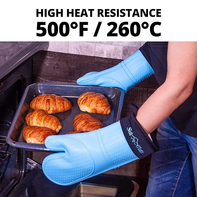 Silicone Oven Mitts Heat Resistant 500 Degrees - 2 Extra Long Silicone Oven Mitt Pot Holders - Food Safe Oven Gloves - BPA Free - Soft Inner Lining - (Blue) - Frux Sili Mitts