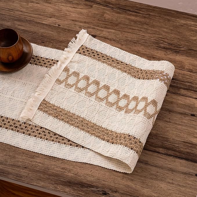 Niviy Boho Table Runner with Tassels 12 x 132 Inches Long, Cream & Brown Rustic Farmhouse Table Runner with Tassels for Home Kitchen Holiday Party and Wedding Decor Runner
