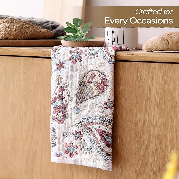 Kitchen Dish Towels for Drying 100% Cotton,Ultra Absorbent Quick Drying Thick Reusable Cleaning Decorative Tea Towels with Hanging Loop,Reversible Boho Pretty Hand Towels,Floral,4 Pack