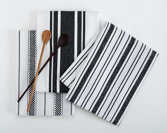 Kitchen Towels Set – Pack of 3 (20’’ x 30’’) Extra Large Premium Cotton Dish Towels for Kitchen – Absorbent – 100% Cotton – with Hanging Loop – Black Multi Design Striped