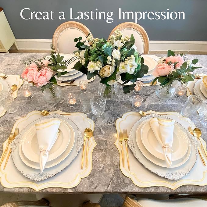 Cotton Linen Placemats Set of 4 - Double Layered, Machine Washable, Wrinkle Resistance, Scalloped & Embroidered Cloth Table Mats - Wedding, Spring mat, Giftable, 19 x 17 inch, Ivory Gold