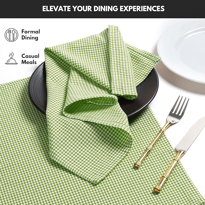 Mint Green Cloth Napkins 12 Pack, 18x18 Inches, 100% Cotton, Houndstooth Check Pattern, Soft, Decorative Washable Table Linen for Dining, Family Dinner, Easter Brunch, Spring Wedding
