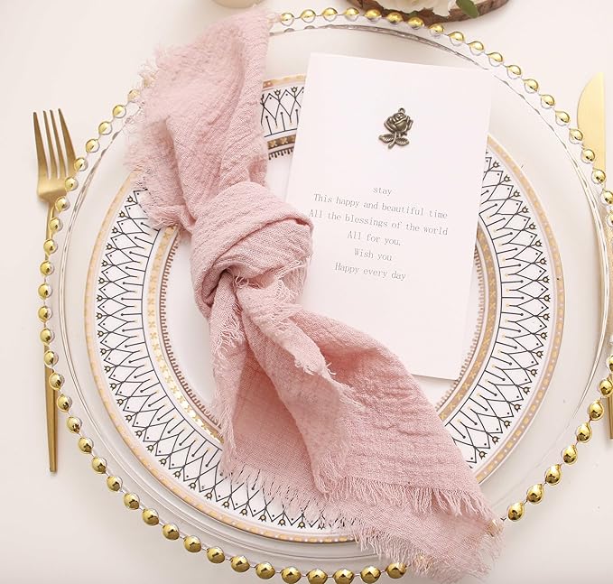Cloth Napkins with Fringe Set of 12,100% Natural Soft Cotton, Easter Spring Washable Gauze Napkins for Wedding Decorative,Dinner Parties, (12 Pack, Dusty Pink)