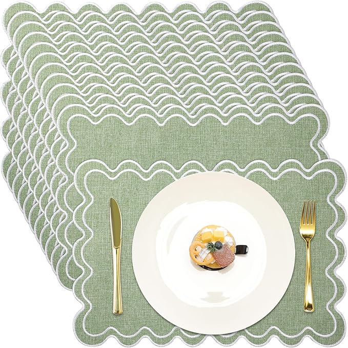 Linen Placemats Set of 12 Scalloped Placemat 13 X19 Wavy Embroidery Double Layered Washable Farmhouse Dinner Fabric Table Mat Napkin for Wedding Party Christmas Hotel Restaurant(Sage Green)