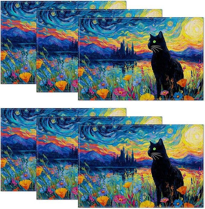 Starry Night Cat Placemats Set of 6,12 x 18 Inch Table Mats Washable Heat Resistant Linen Fabric Rectangle Place Mat for Party Home Kitchen Dining