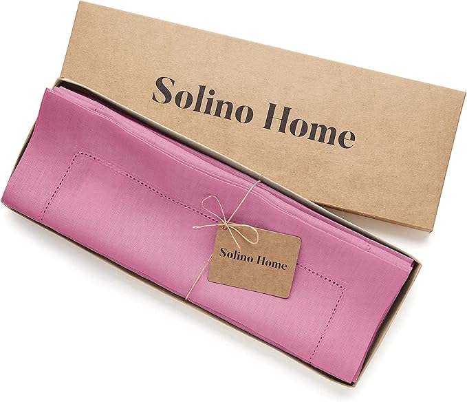Solino Home Linen Placemats Set of 4 - Classic Hemstitch Flamingo Pink Placemats 14 x 19 Inch - 100% Pure Linen Table Mats for Mothers Day, Spring, Summer