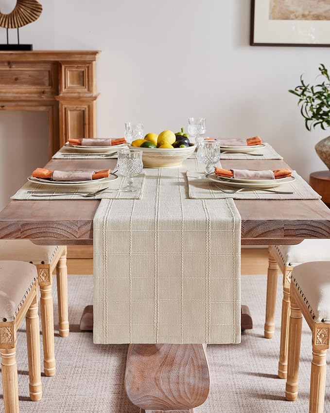 ZeeMart Linen Checked Placemats Set of 6, Plaid Embroidery Textured Table Mats, Double Layer Thick Farmhouse Rustic Place Mats for Kitchen Dining Table Home Decor, Beige 13x19 Inch