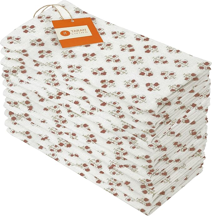 TARAN LIVING Cotton Cloth Napkins Natural Reusable Fall Dinner Napkins Reusable Machine Washable Fabric for Events, Gift, Home Decor - 18"x18" - Set of 12 (Brown Floral (Pack of 12), 18x18 Inchs)