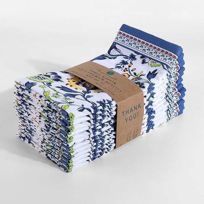 Fingercraft Cloth Napkins, Set of 12 Cotton Linen Blend Printed Dinner Napkins Cloth Mitered Corner Perfect for Parties Dinners Weddings Cocktail Christmas 20x20 Blue Floral