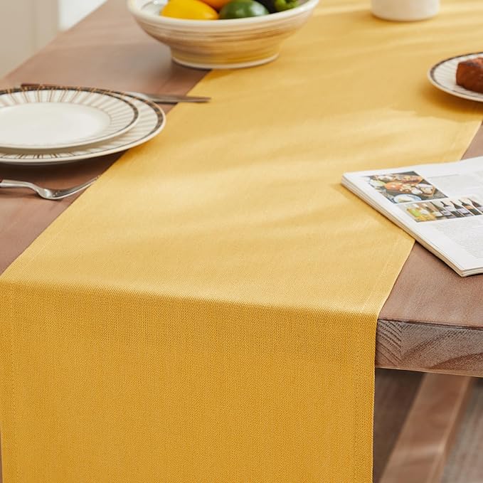 ZeeMart Rustic Cotton Linen Table Runner, 13x60 Inches Yellow, Farmhouse Style Yellow Table Runners 60 Inches Long, Washable Kitchen Dining Table Decoration for Home Party Decor