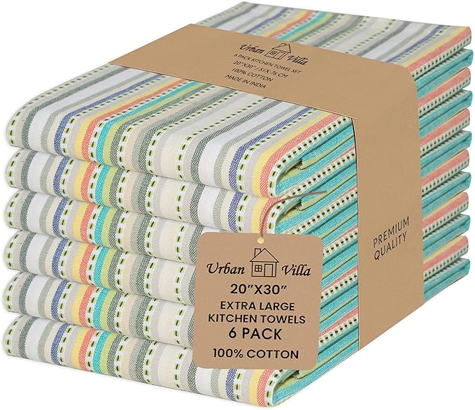 Urban Villa Kitchen Towels 100% Cotton Dish Towels for Kitchen(Set of 6)20”x30” Dish Cloths Highly Absorbent Kitchen Linen Set with Hanging Loop Perfect for Drying Dishes Cleaning Towels-Beige Stripes