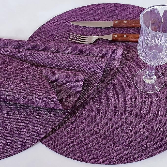 SLOW COW Set of 4 Linen Round Placemats for Dining Table Place Mats 15 inch Washable Purple