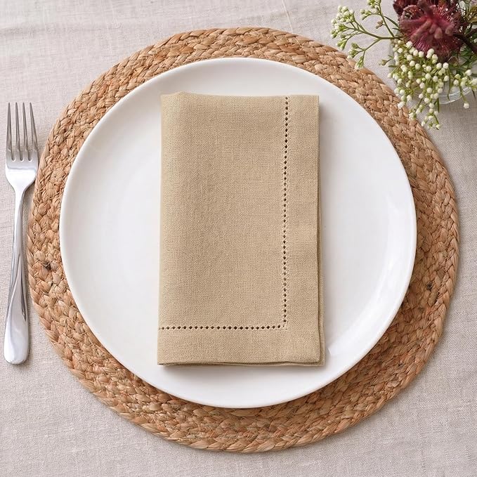 Palisa Beige Cotton Napkins Set of 4 | Premium Hemstitch Detailing Cloth Dinner Napkins 18x18 Inch | Soft Washable & Reusable Table Napkins for Everyday Use Weddings Parties Restaurants & Hotels