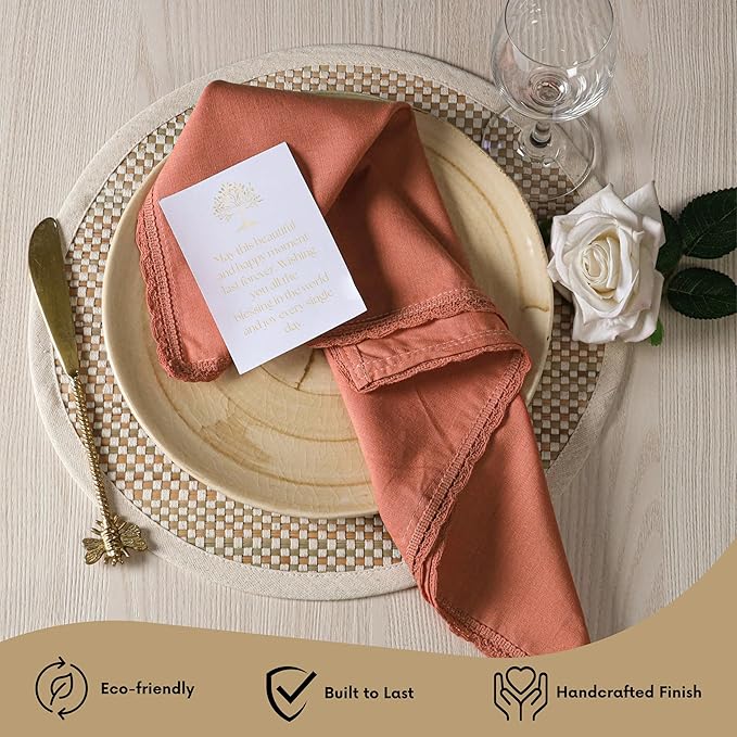 Ramanta Home Linen Flax Cloth Napkins Set of 24 Rust, 18x18 Inch | Easter Premium Cotton Linen Flax Lace Soft & Durable | Washable Ideal for Spring Basket Décor, Wedding, Party, Kitchen, Everyday Use