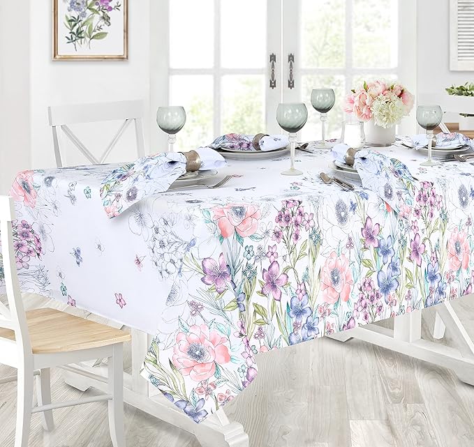 Newbridge Garden Breeze Square Fabric Tablecloth, 52 x 52 Inch, Easy Care and Stain Resistant Fabric Table Cloth for Holiday Party Dining, Sweet Pastel Floral