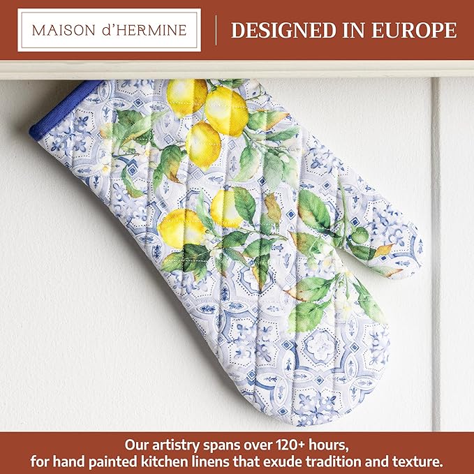 Maison d'Hermine Oven Gloves 100% Cotton Oven Mitt 7" x 13" with Loop Heat Resistant BBQ Cooking Gloves Baking Grilling Gifts for Mothers Day Spring/Summer (Pack of 1, Citrus)