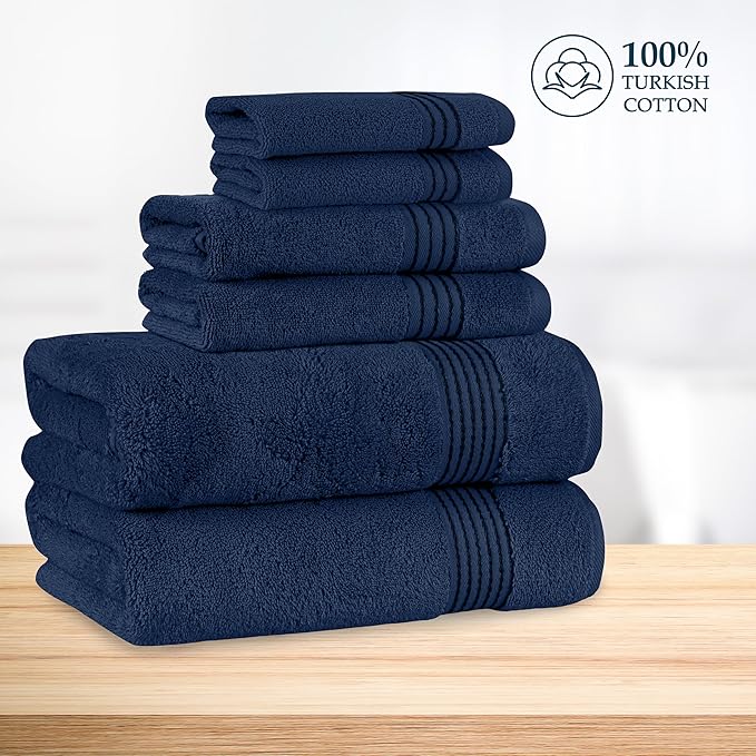 Mocassi Luxury 100% Turkish Cotton 6-Piece Towel Set - Ultra Soft, Quick Dry Highly Absorbent Premium Spa Hotel Quality Bath Towels, Includes 2 Bath Towels, 2 Hand Towels and 2 Washcloths, Navy Blue