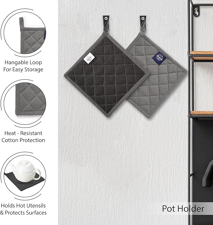 Encasa XO Kitchen and Dish Towels - Oven Mitts - Pot Holder Set of 12 Pc - Pure Cotton - Dishcloths Grey Combo