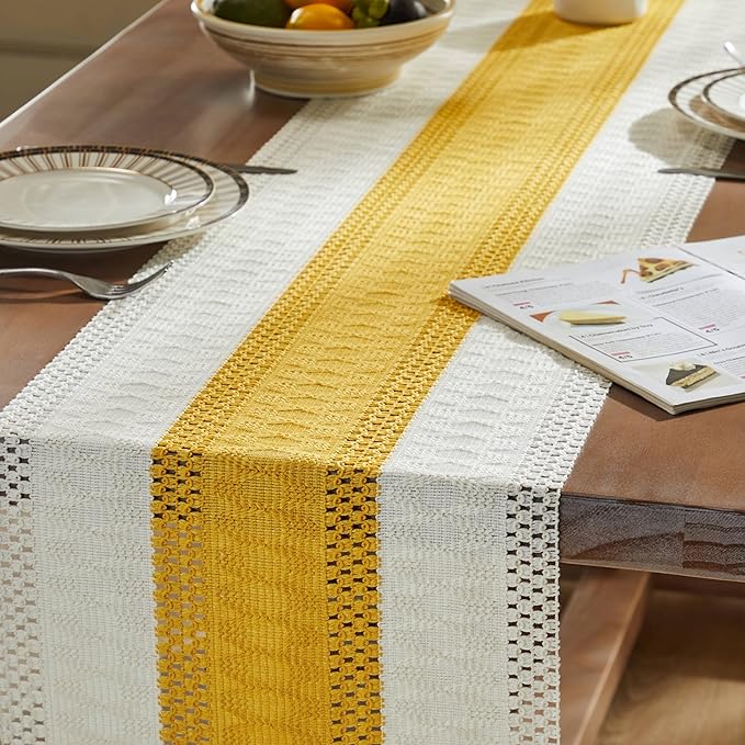 ZeeMart Macrame Style Bicolor Stitching Table Runner, 14 x 60 Inch Mustard/Ivory, Boho Yellow Table Runners 60 Inches Long, Farmhouse Woven Home Decor