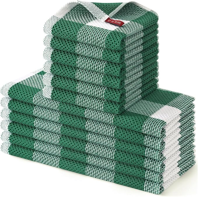 Homaxy Kitchen Towels and Dishcloths Set, 12 x 12 and 13 x 28 Inches, Set of 12 100% Cotton Waffle Weave Check Plaid Kitchen Dish Towels, Super Soft and Absorbent Dish Cloths, White & Dark Green